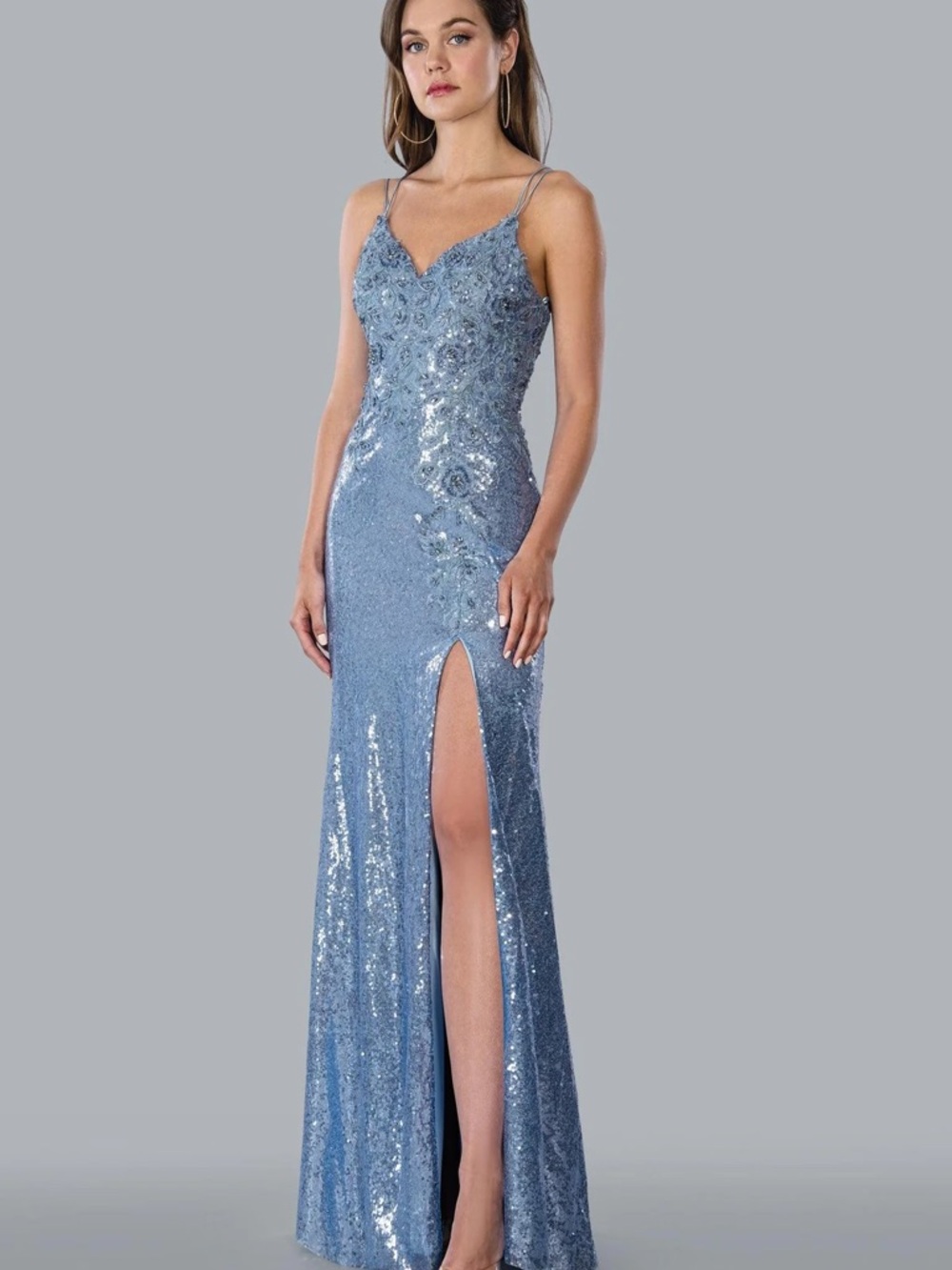 Light Blue Sequin Spaghetti Strap Prom Gown